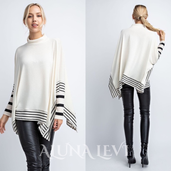 ivory mock neck striped long sleeve poncho top - Picture 2 of 2